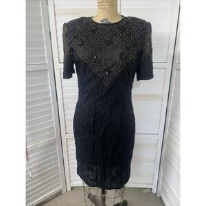 New Vintage 80s J.M.C. Black Beaded 100% Silk Cocktail Sheath Dress Open Back M